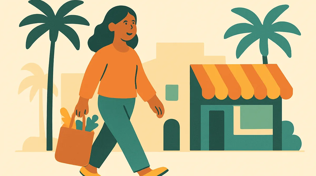 Una mujer camina con una bolsa de mandado frente a una oficina y un mercado en una calle con palmeras.
