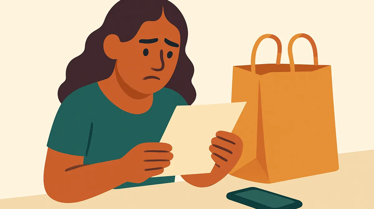 Una mujer preocupada lee una carta en la cocina junto a una bolsa de mandado vacía y su teléfono.