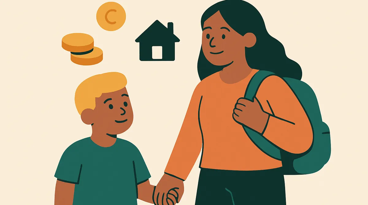 Una madre camina de la mano de su hijo con una mochila, con monedas y una casa dibujadas encima.