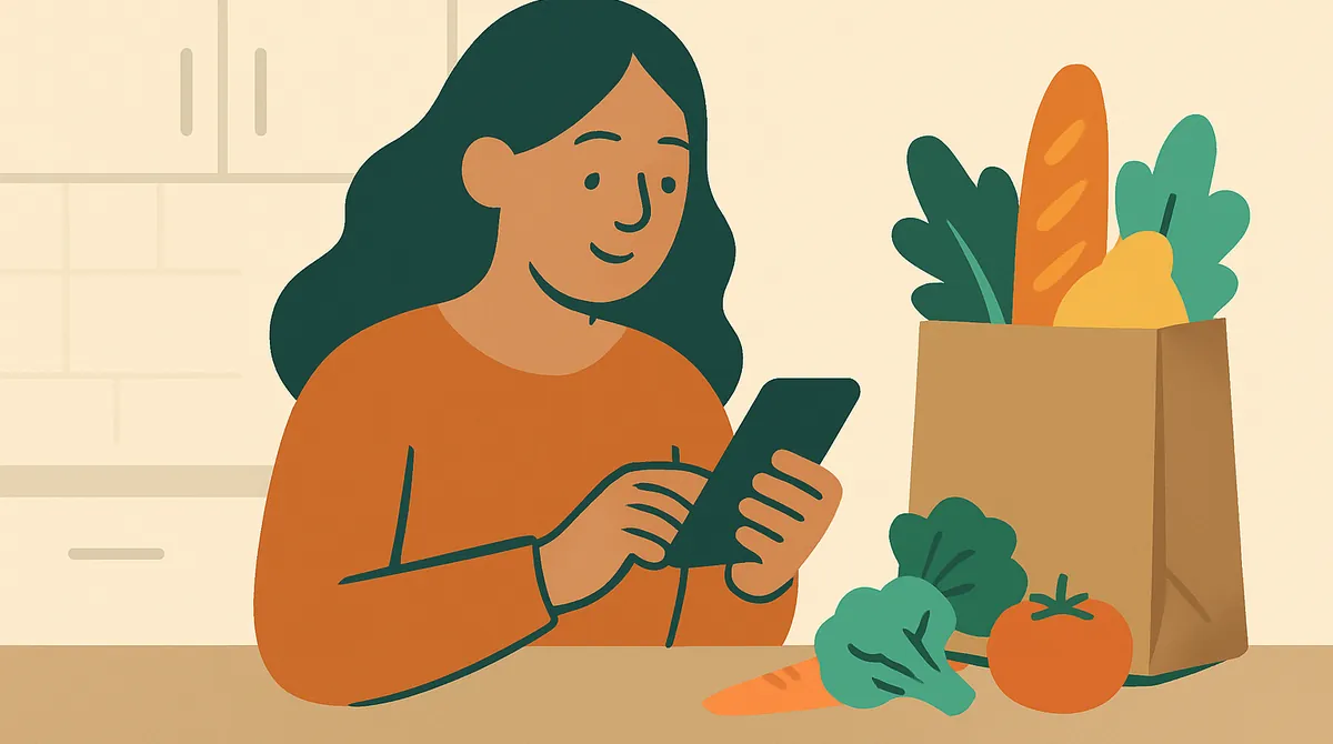 Una mujer aplica desde su teléfono en la cocina, con verduras, pan y frutas en una bolsa sobre la mesa.