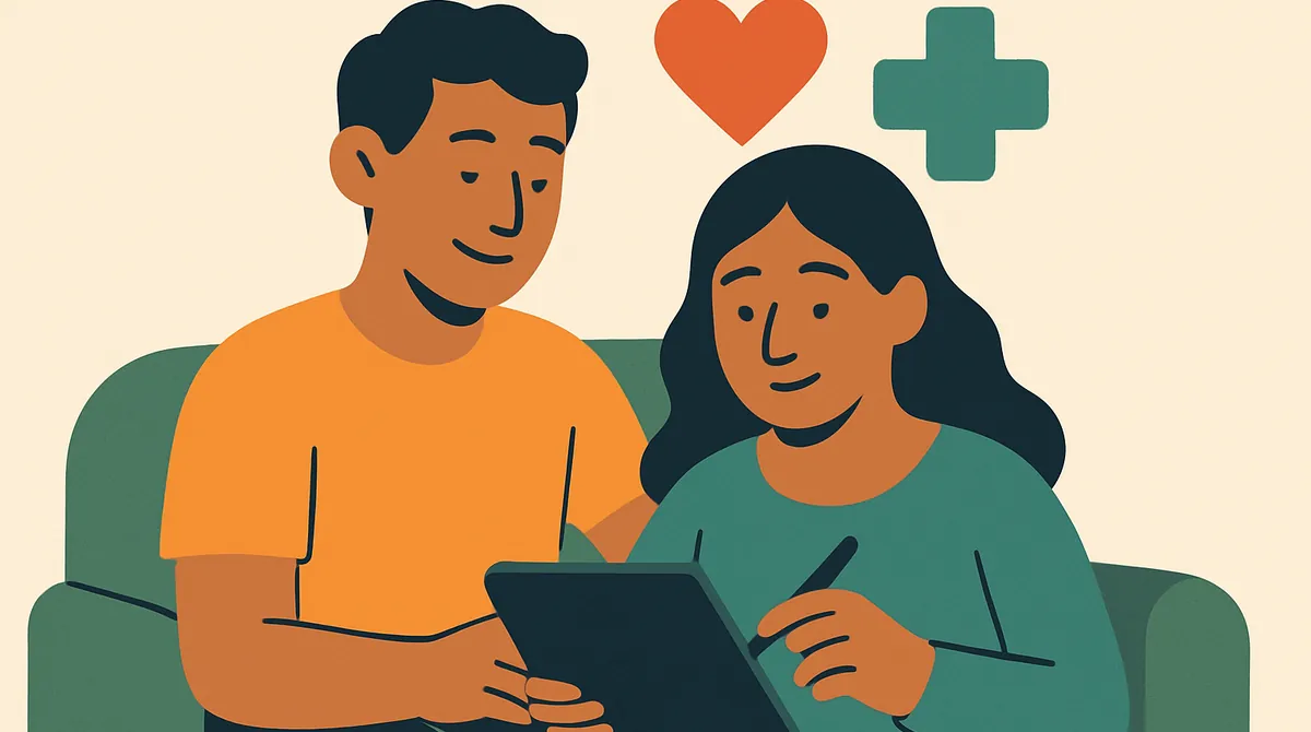 Una pareja joven llena una solicitud en una tableta desde el sofá, con un corazón y una cruz médica encima.