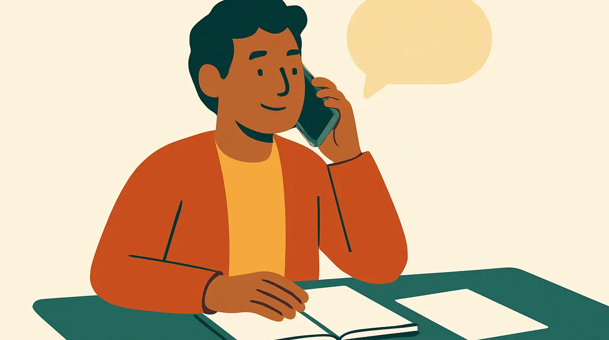 Un hombre tiene una entrevista por teléfono en su casa, con un cuaderno y papeles en la mesa.