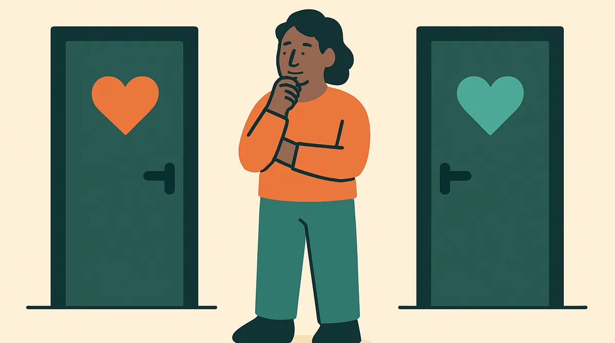 Una persona decide entre dos puertas, cada una con un corazón de distinto color.