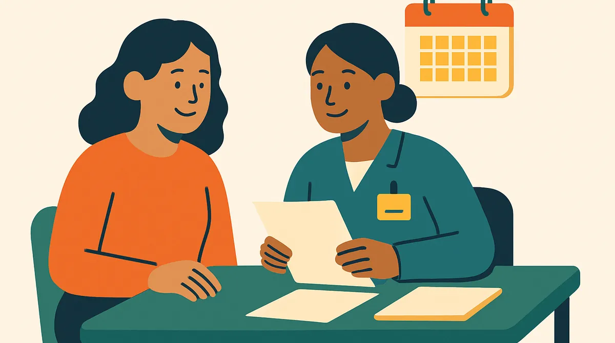 Una mujer revisa papeles con una promotora de salud en una clínica, con una hoja de calendario encima.