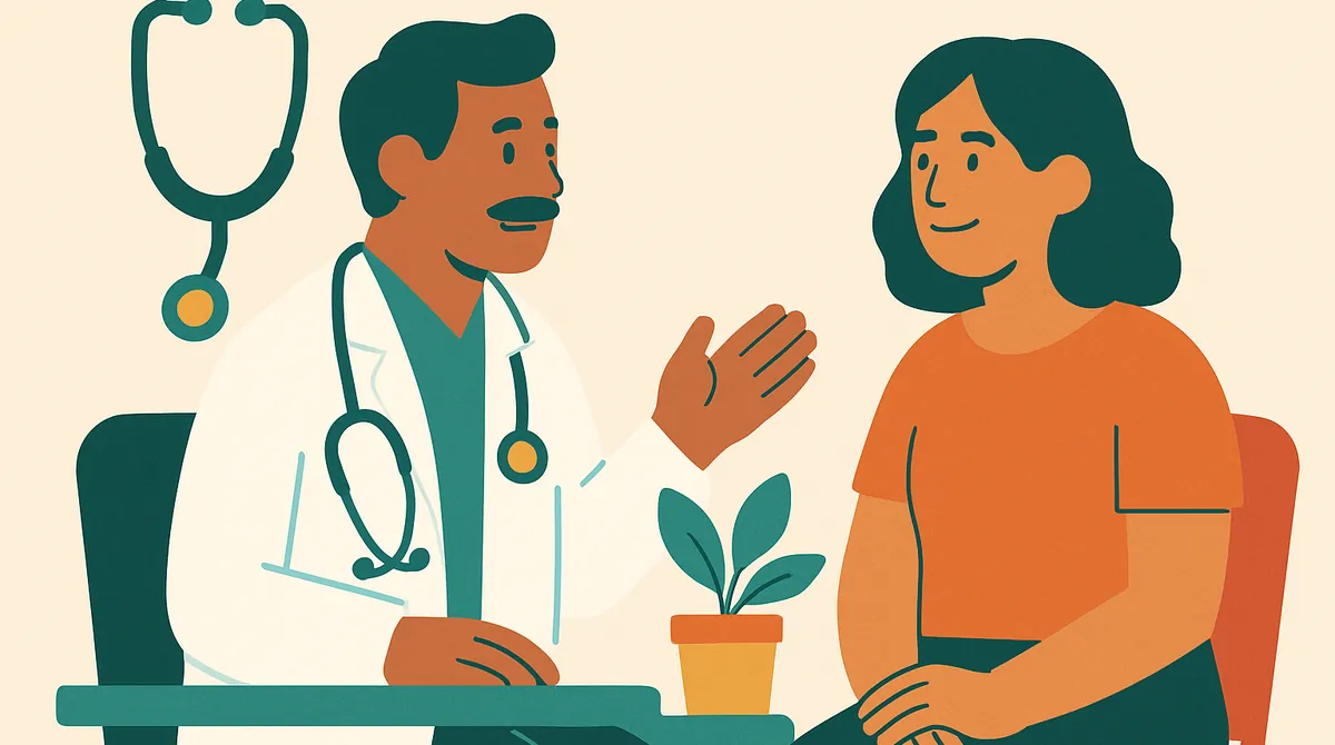Una doctora conversa con un paciente en una clínica sencilla, con un estetoscopio y una planta.