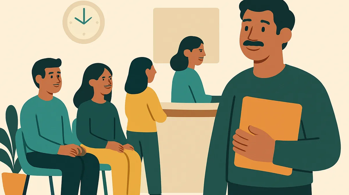 Personas esperan en la sala de una oficina de atención, y una de ellas sostiene una carpeta.