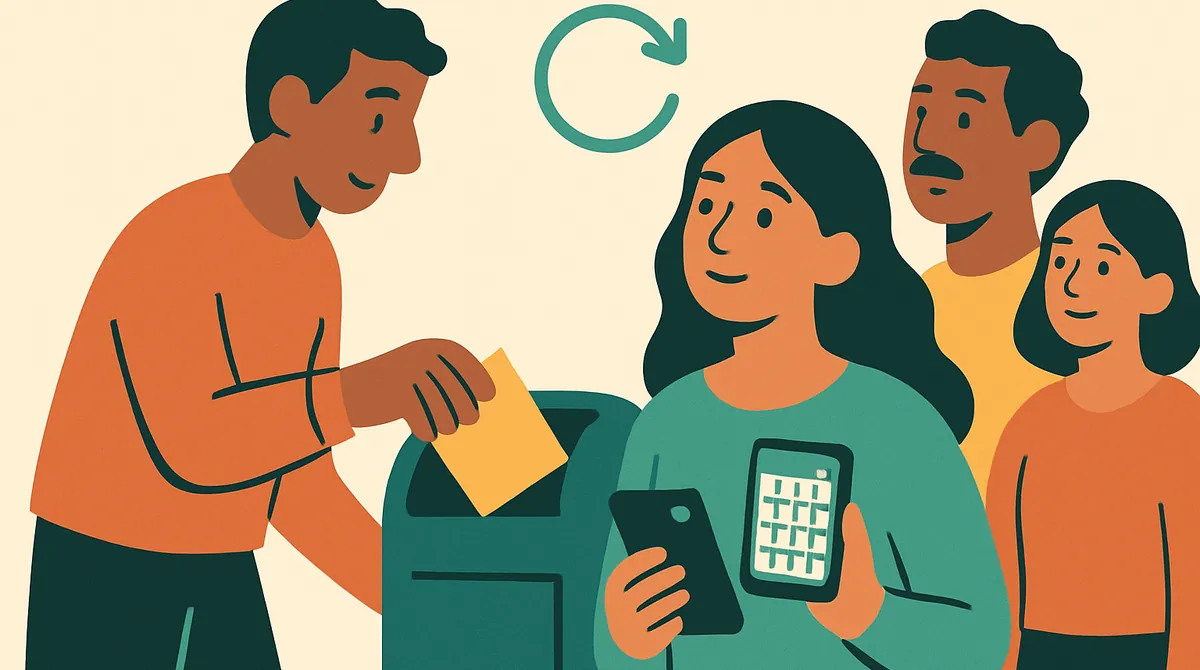Un hombre envía un sobre en el buzón mientras revisa un calendario en su teléfono.