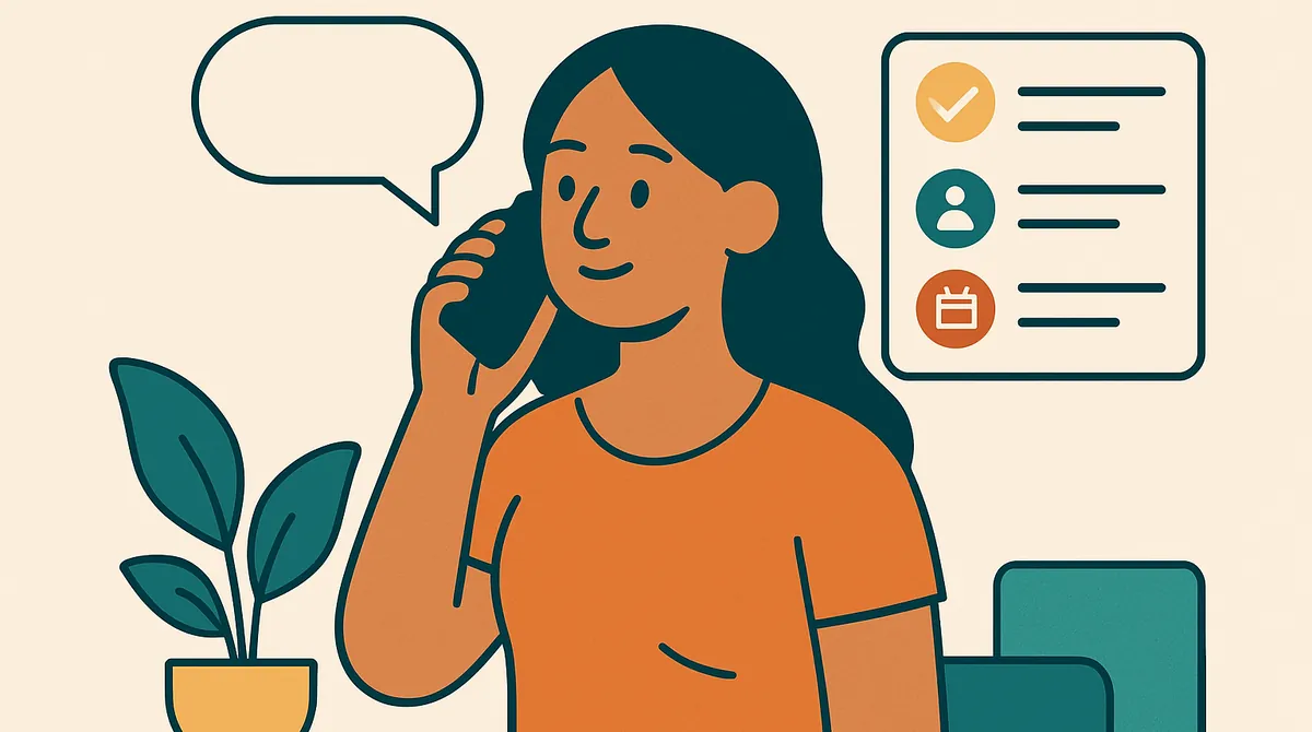 Una mujer habla por teléfono desde su casa, con un globo de diálogo y una lista de íconos a su lado.