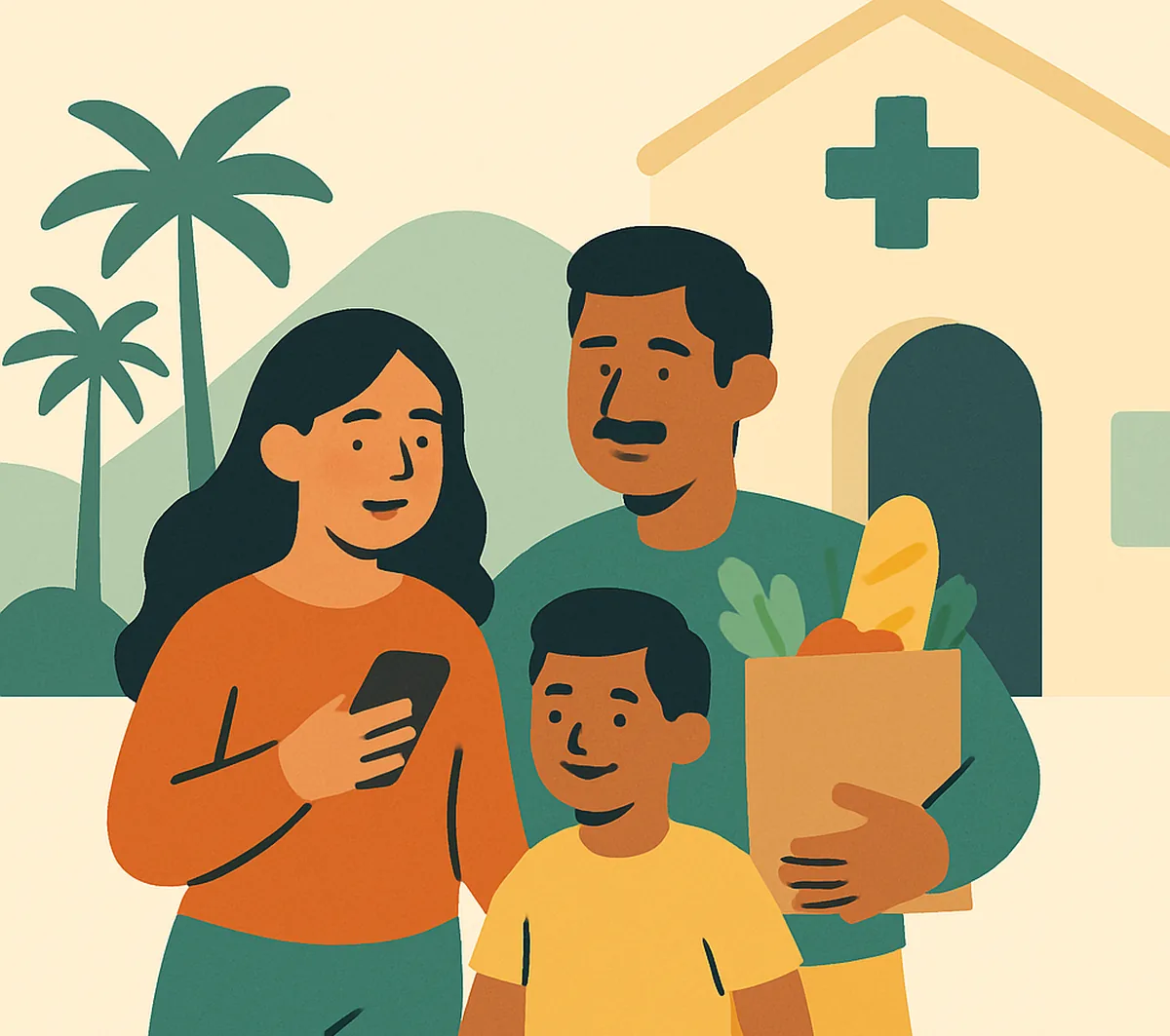 Una familia sale contenta de una clínica con una bolsa de mandado, con palmeras y colinas al fondo.