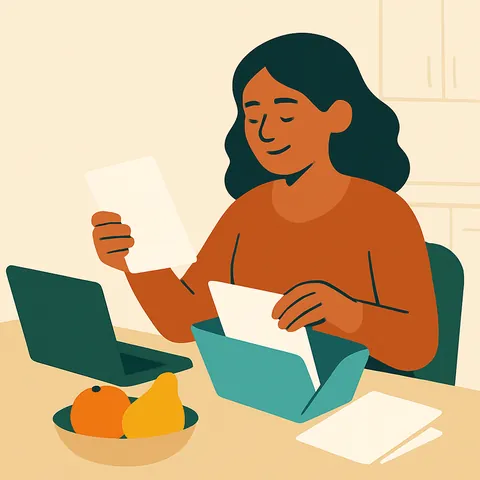Una mujer ordena formularios en blanco en una carpeta en la mesa de la cocina, junto a una laptop y frutas.